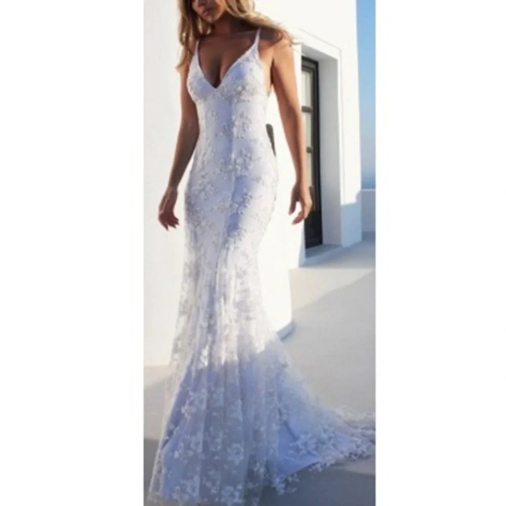 Stacees Women's Ivory Floral Lace Open Back Spaghetti Strap Bridal Dress NWT